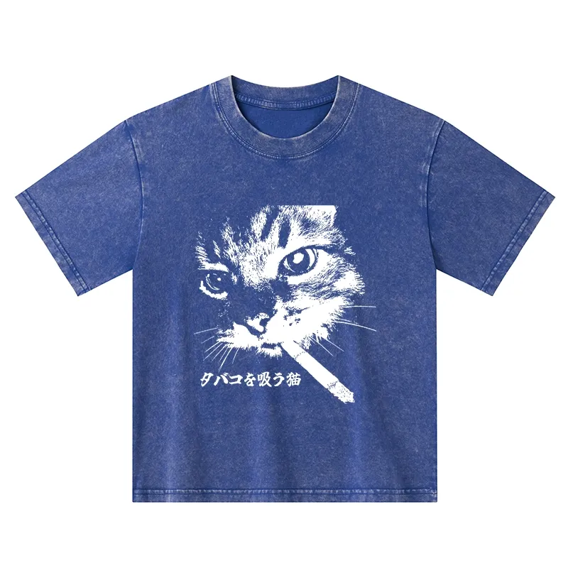 Tokyo-Tiger Retro Cat Smoking Kids Washed T-Shirt