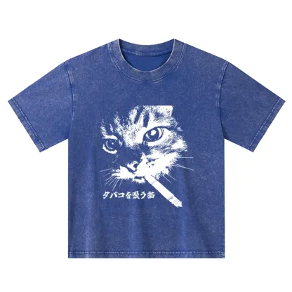 Tokyo-Tiger Retro Cat Smoking Kids Washed T-Shirt