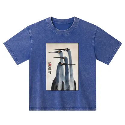 Tokyo-Tiger Retro Sandhill Crane Kids Washed T-Shirt