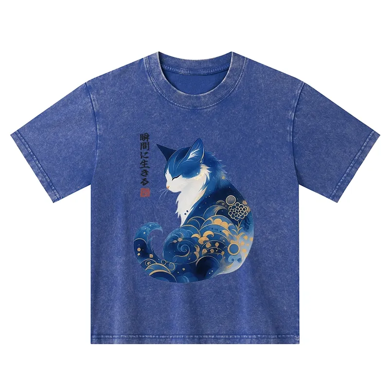 Tokyo-Tiger Retro Zen Cat: Living the Present Kids Washed T-Shirt