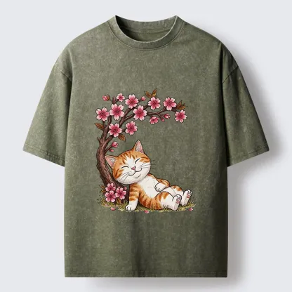 Tokyo-Tiger Cat Sleeps Under Sakura Washed T-Shirt
