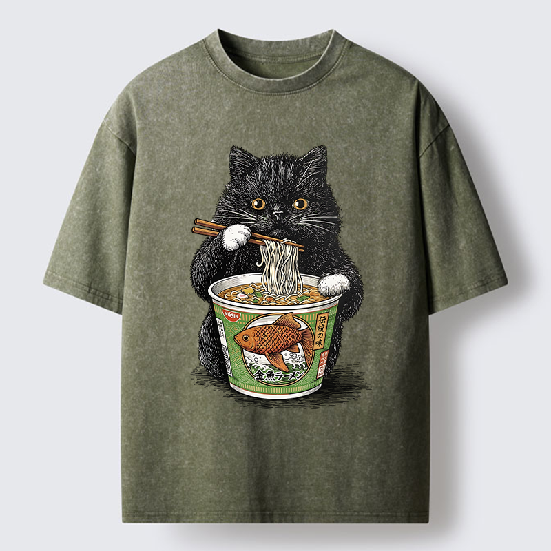 Tokyo-Tiger Black Cat Eating Japanese Food Washed T-Shirt