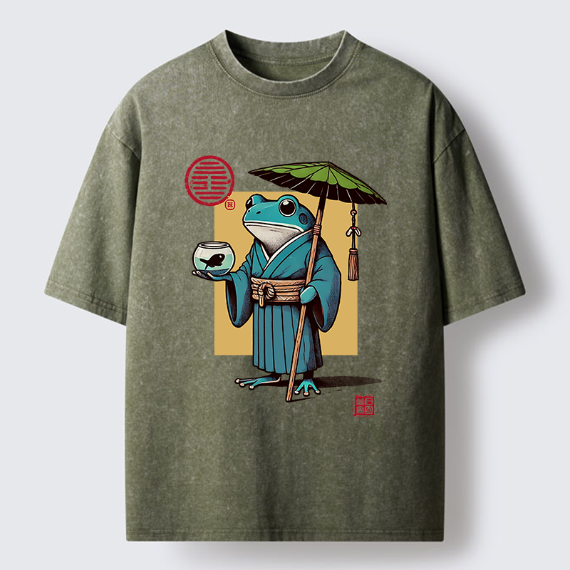 Tokyo-Tiger Green Frog Samurai Washed T-Shirt