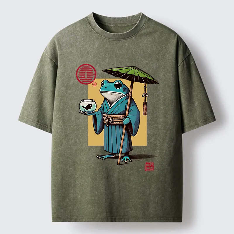 Tokyo-Tiger Green Frog Samurai Washed T-Shirt
