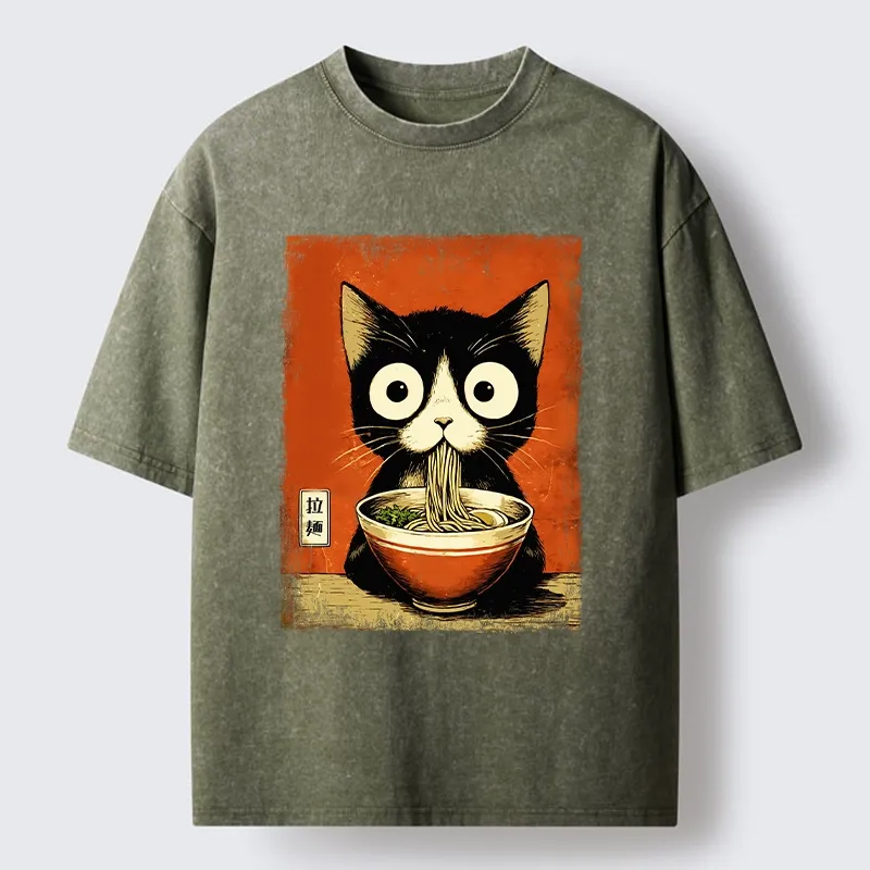 Tokyo-Tiger Ramen Loving Black Cat Washed T-Shirt