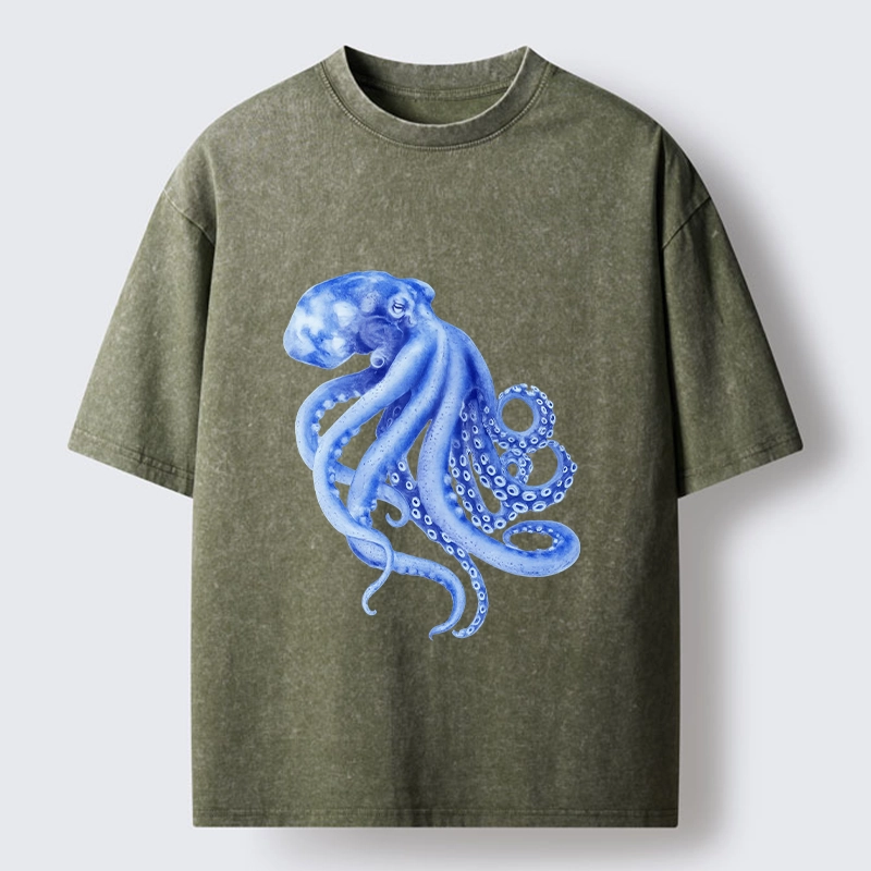 Tokyo-Tiger Retro Blue Octopus Washed T-Shirt