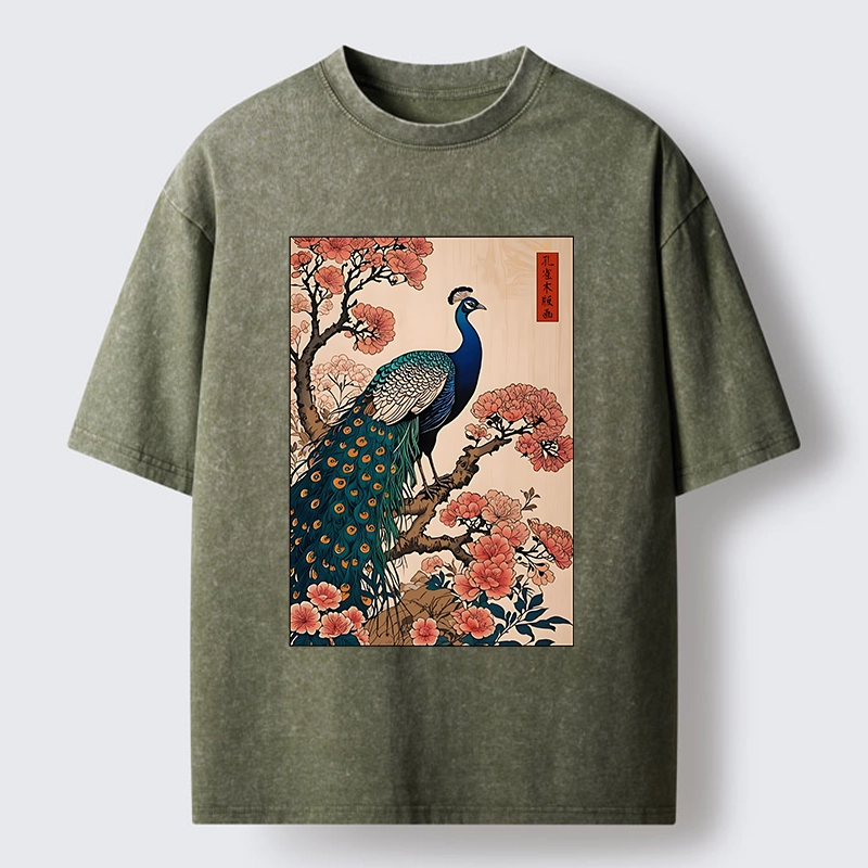 Tokyo-Tiger Vintage Peacock Woodblock Print Washed T-Shirt
