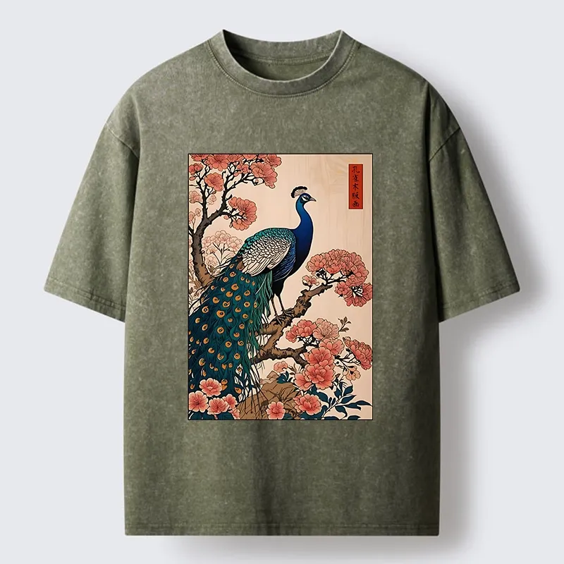 Tokyo-Tiger Vintage Peacock Woodblock Print Washed T-Shirt