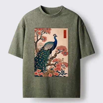 Tokyo-Tiger Vintage Peacock Woodblock Print Washed T-Shirt