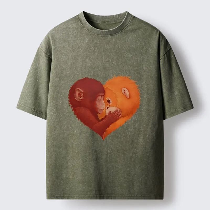 Tokyo-Tiger Monkey Love in a Heart Washed T-Shirt