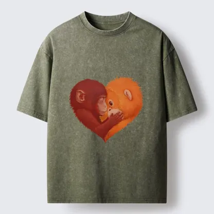 Tokyo-Tiger Monkey Love in a Heart Washed T-Shirt