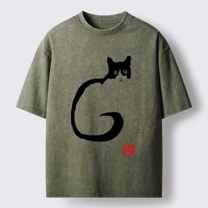 Tokyo-Tiger Calm Cat in Simple Lines Washed T-Shirt
