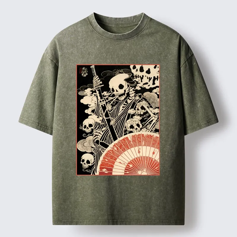 Tokyo-Tiger Dark Samurai Skeleton Art Washed T-Shirt