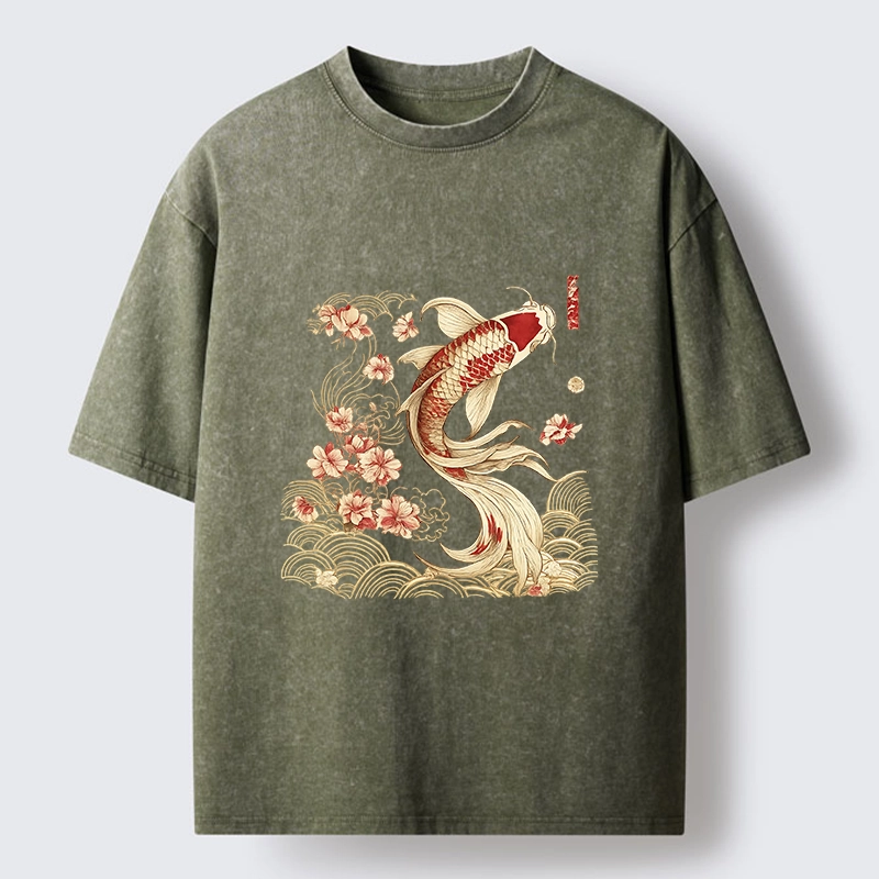 Tokyo-Tiger Golden Koi and Blossoms Washed T-Shirt