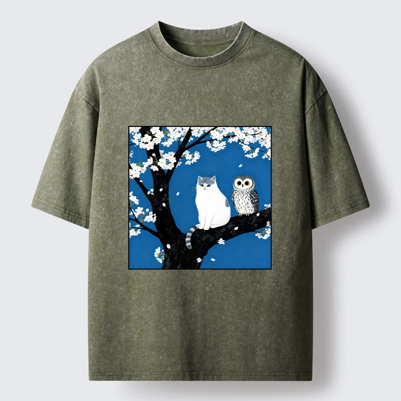 Tokyo-Tiger Cat and Owl Under Sakura Washed T-Shirt