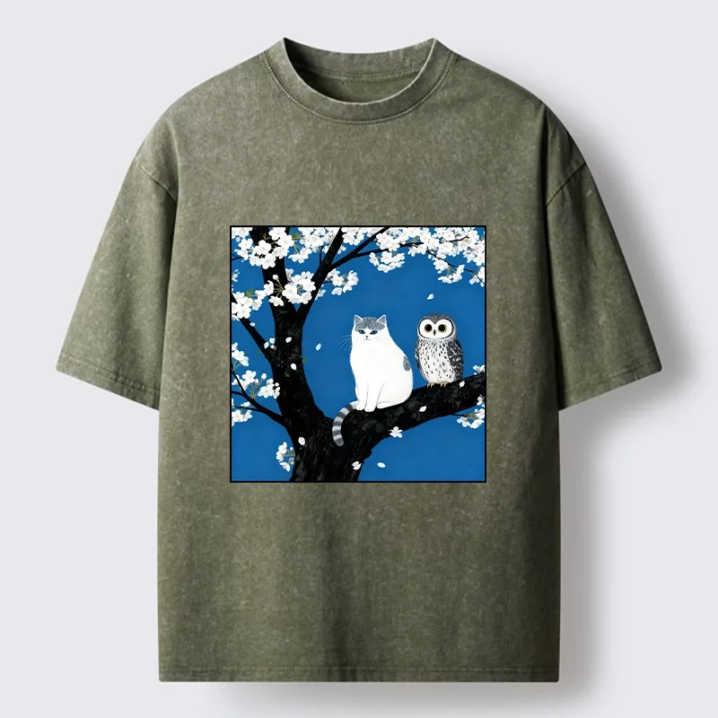 Tokyo-Tiger Cat and Owl Under Sakura Washed T-Shirt Sale
