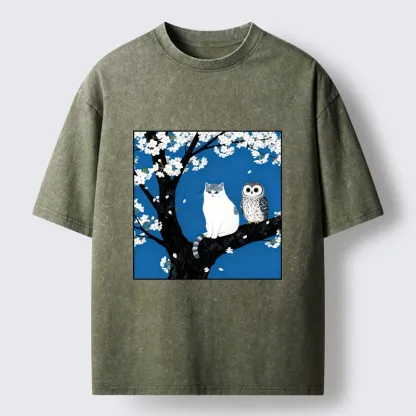 Tokyo-Tiger Cat and Owl Under Sakura Washed T-Shirt