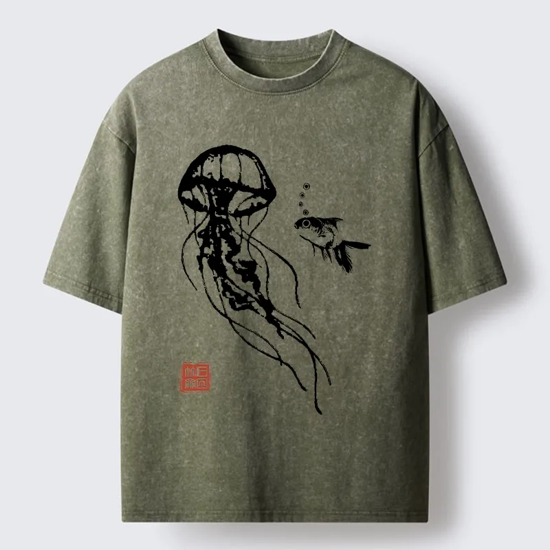 Tokyo-Tiger Ink Wash Jellyfish and Fish Washed T-Shirt