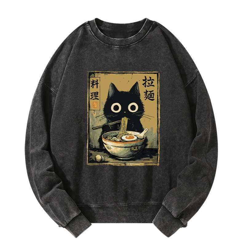 Tokyo-Tiger Cute Black Cat Eating Ramen Japan Washed Sweatshirt