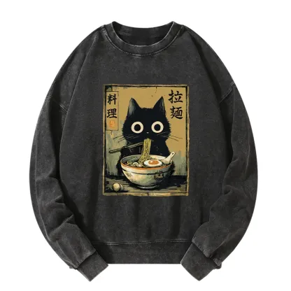 Tokyo-Tiger Cute Black Cat Eating Ramen Japan Washed Sweatshirt