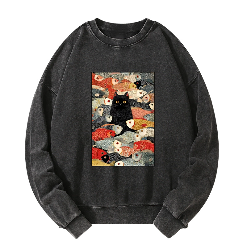 Tokyo-Tiger Cats And Fish Washed Sweatshirt
