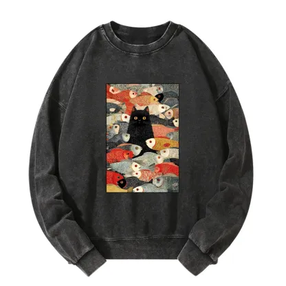 Tokyo-Tiger Cats And Fish Washed Sweatshirt