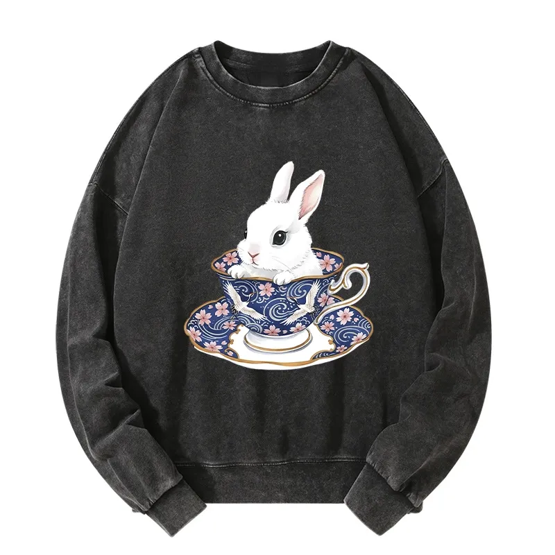 Tokyo-Tiger Cute Rabbit Tea Set Washed Sweatshirt Sale