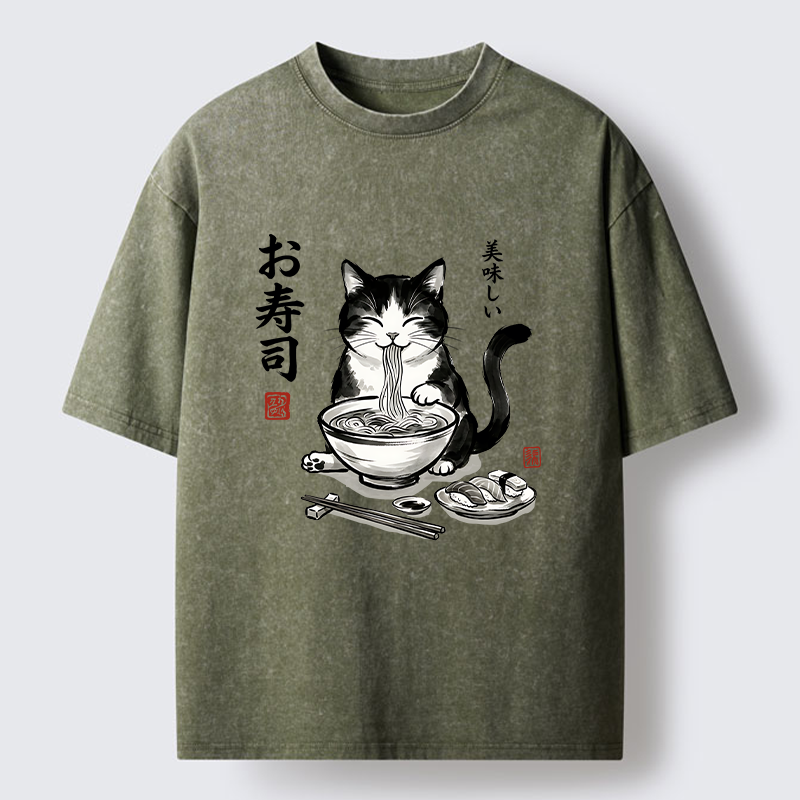Tokyo-Tiger Cats Eat Japanese Food Washed T-Shirt