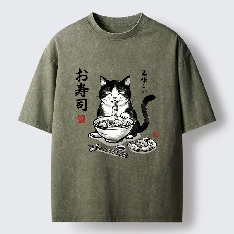 Tokyo-Tiger Cats Eat Japanese Food Washed T-Shirt