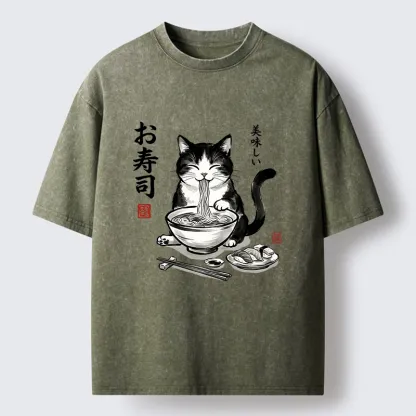 Tokyo-Tiger Cats Eat Japanese Food Washed T-Shirt