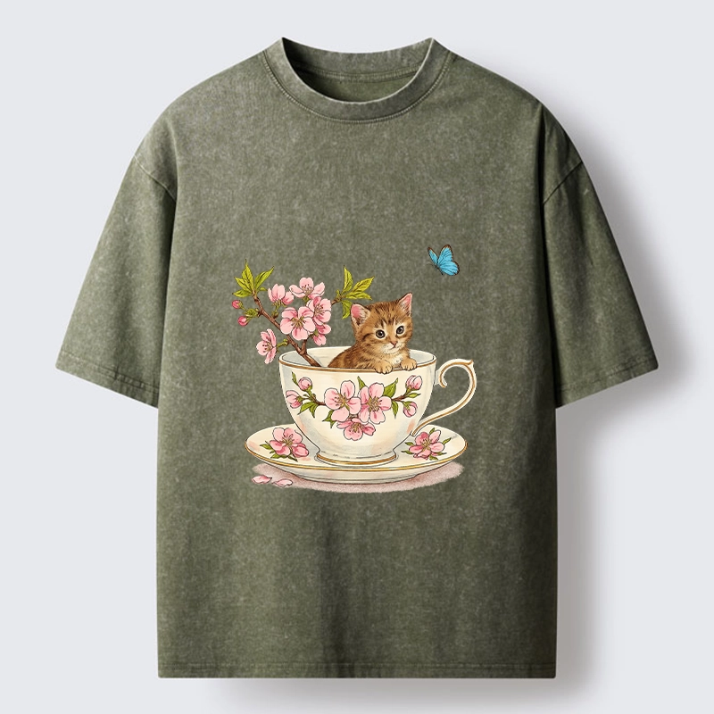 Tokyo-Tiger Cherry Blossom Teacup Kitten Washed T-Shirt