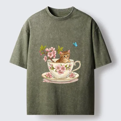 Tokyo-Tiger Cherry Blossom Teacup Kitten Washed T-Shirt