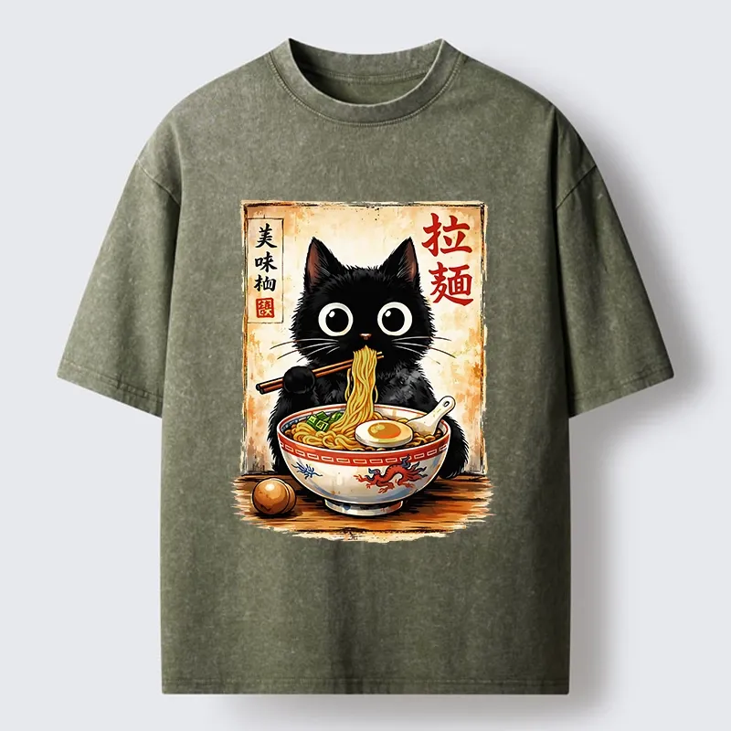 Tokyo-Tiger Cute Cat Slurping Ramen Washed T-Shirt