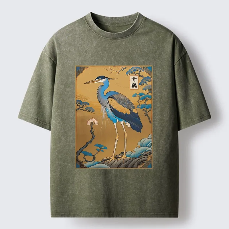 Tokyo-Tiger Golden Background Blue Heron Washed T-Shirt