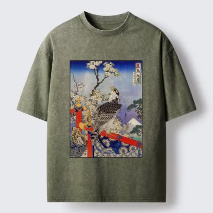 Tokyo-Tiger Sakura, Eagle And Mount Fuji In Ukiyo-E Washed T-Shirt