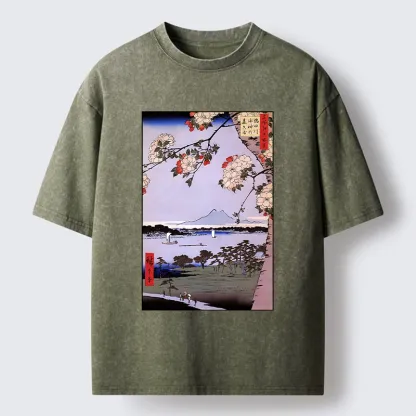 Tokyo-Tiger Vintage Japanese Print: Sakura And Fuji Washed T-Shirt
