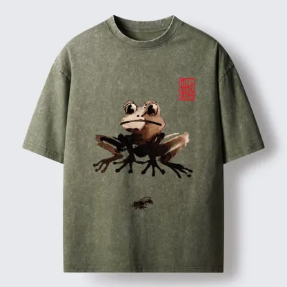 Tokyo-Tiger Ink Wash Frog And Its Tiny Prey Washed T-Shirt
