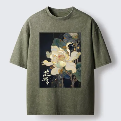 Tokyo-Tiger Lotus Adorned With Golden Specks Washed T-Shirt
