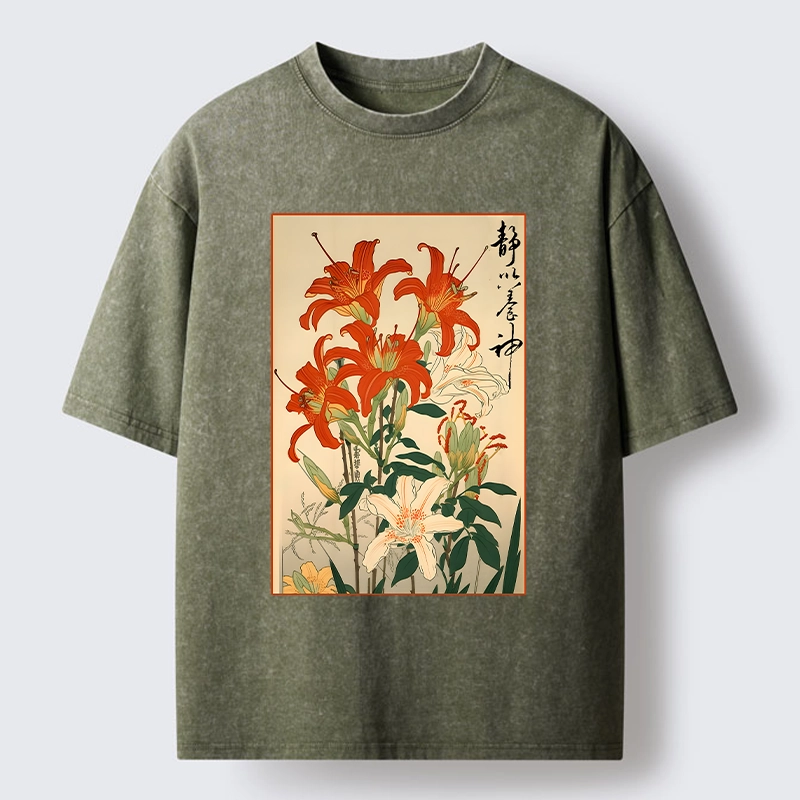 Tokyo-Tiger Vibrant Red And White Lilies Washed T-Shirt