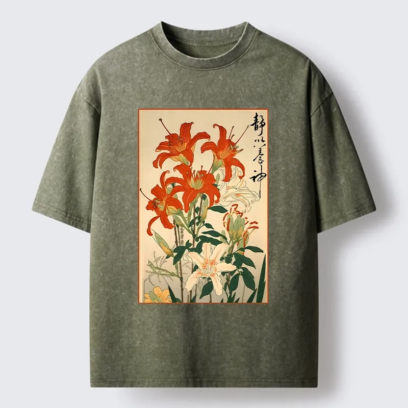 Tokyo-Tiger Vibrant Red And White Lilies Washed T-Shirt