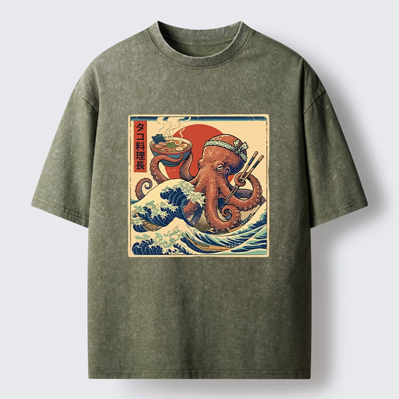 Tokyo-Tiger Ukiyo-E Octopus Ramen Master Washed T-Shirt
