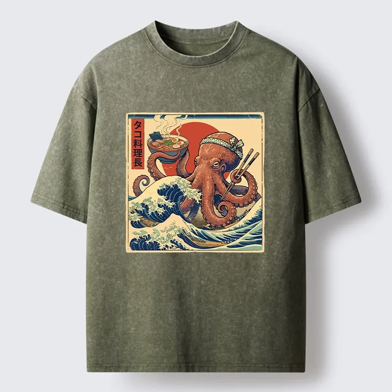 Tokyo-Tiger Ukiyo-E Octopus Ramen Master Washed T-Shirt