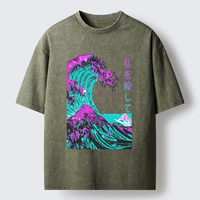 Tokyo-Tiger Neon Great Wave Off Kanagawa Washed T-Shirt Sale
