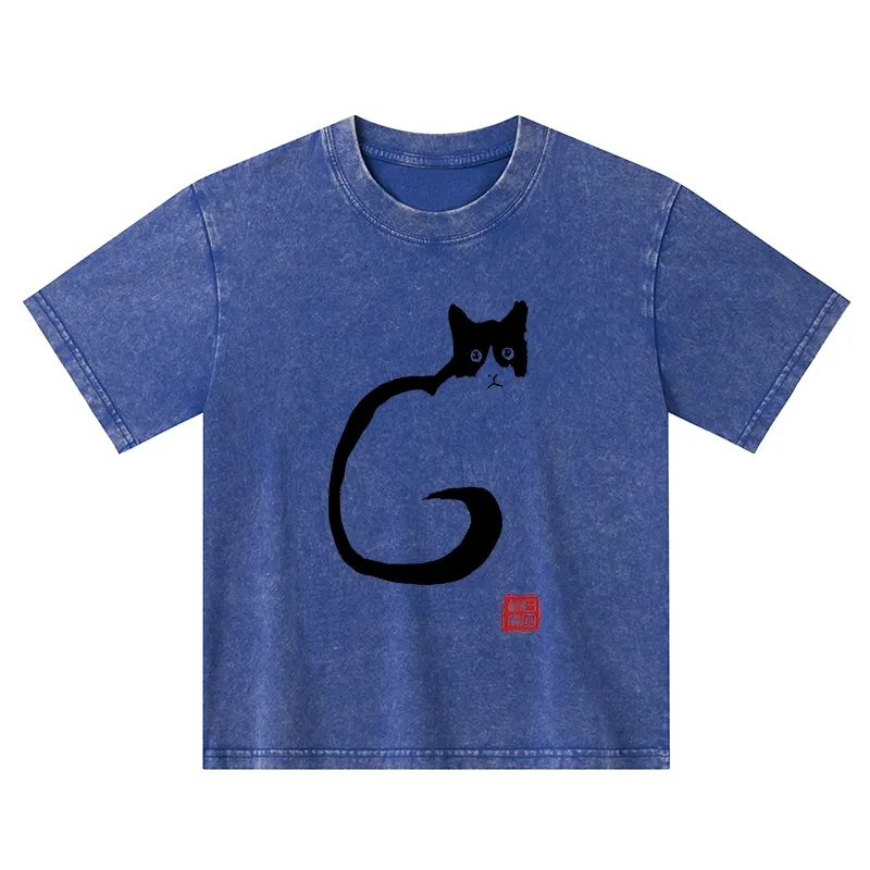 Tokyo-Tiger Calm Cat In Simple Lines Kids Washed T-Shirt