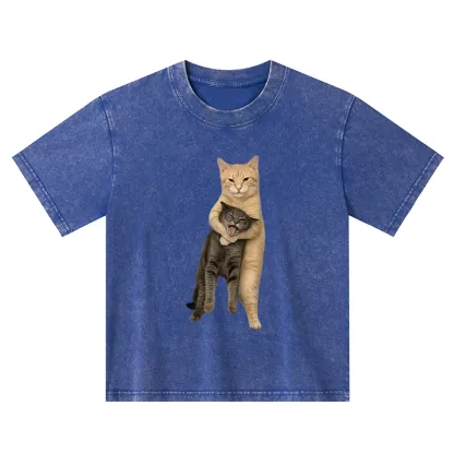 Tokyo-Tiger Orange Cat’s Tight Embrace Kids Washed T-Shirt