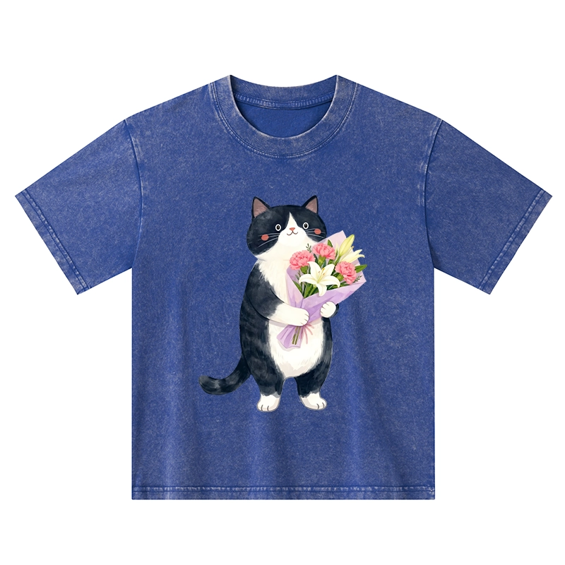Tokyo-Tiger Sweet Cat Delivers Flowers Kids Washed T-Shirt