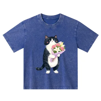 Tokyo-Tiger Sweet Cat Delivers Flowers Kids Washed T-Shirt