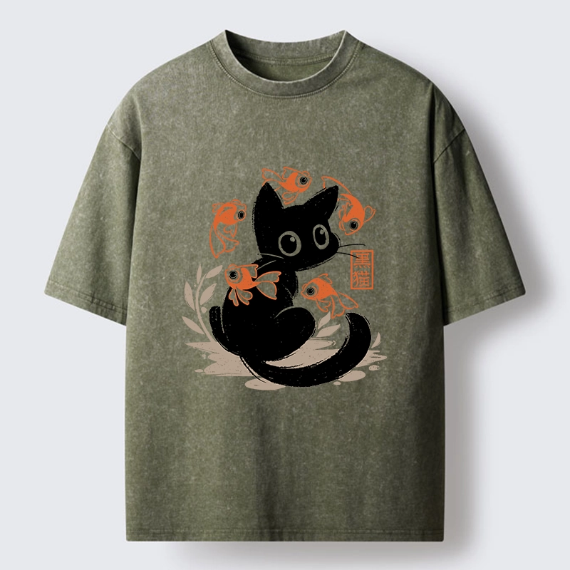 Tokyo-Tiger Curious Black Cat Among Fish Washed T-Shirt