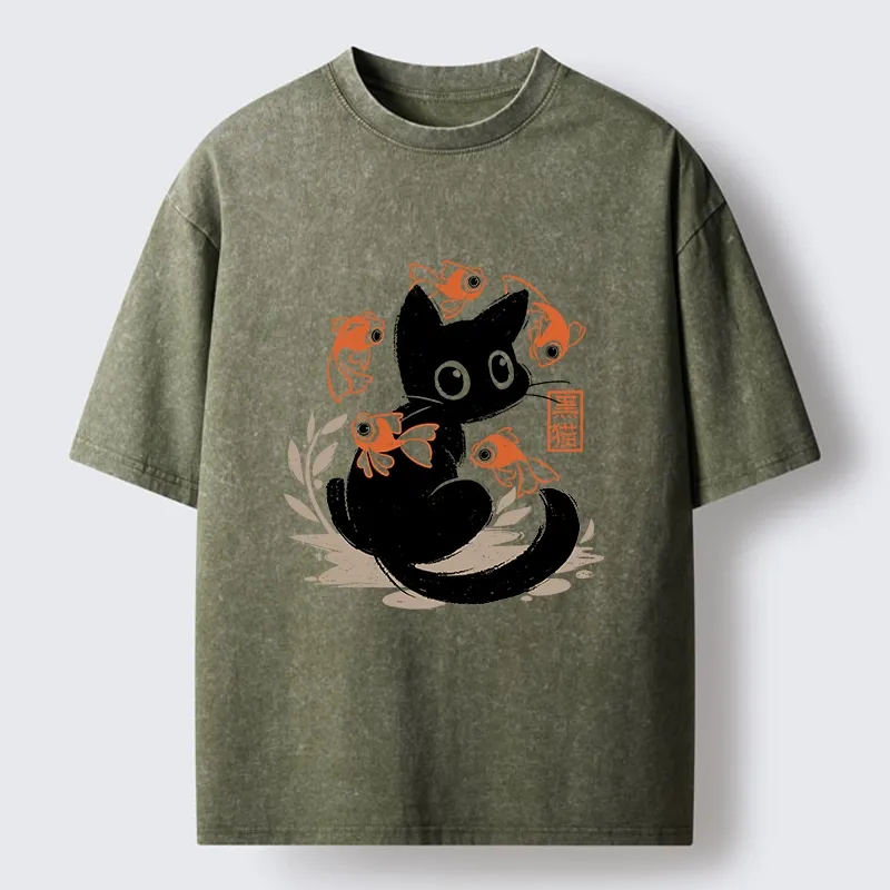 Tokyo-Tiger Curious Black Cat Among Fish Washed T-Shirt