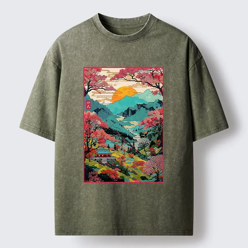 Tokyo-Tiger Golden Sun Over Serene Valley Washed T-Shirt